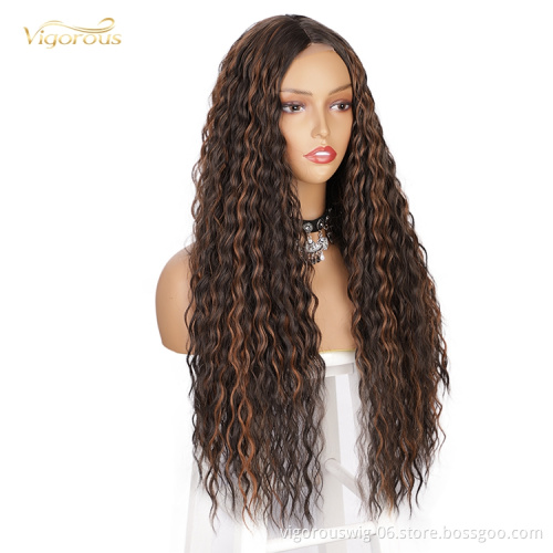 Long Hair Heat Resistant Classic Kinky Curly Mixed Black Brown Synthetic Lace Front Wigs Natural Hairline